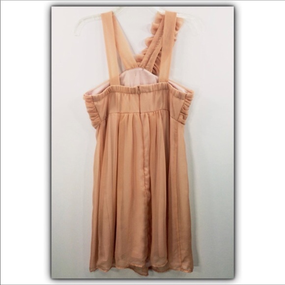 Mystic frilly ruffle trim shoulder sheer peach overlay cocktail dress size L - Picture 5 of 7